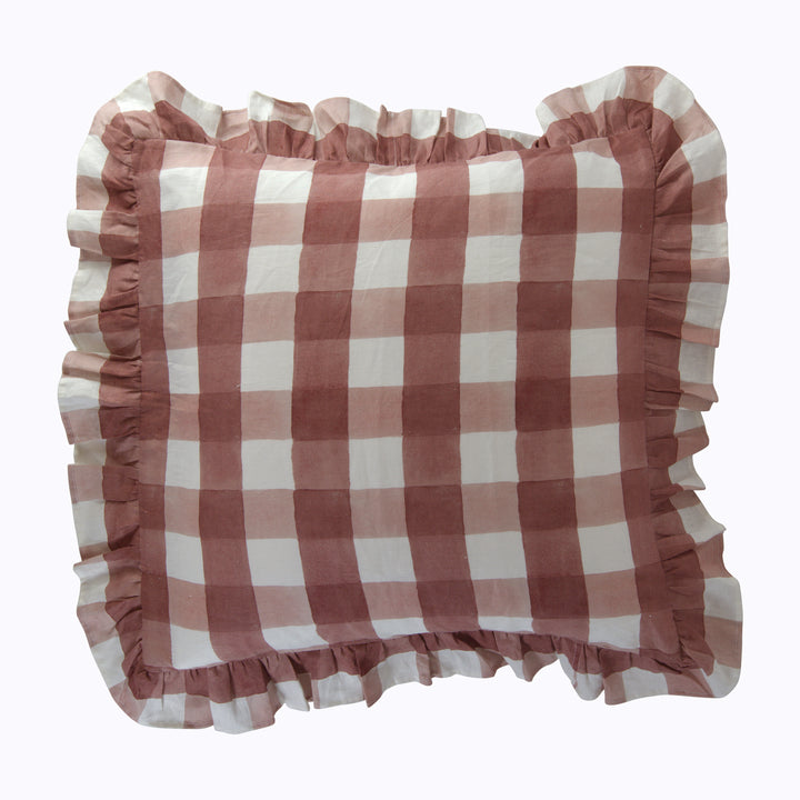 Blossom Plaid Linen Ruffle Euro Sham Pair Brick