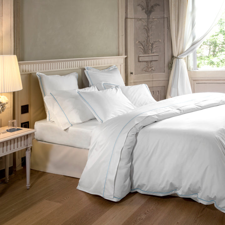 Luce Sheets & Pillowcases, White/Cerulean Blue Flat / Twin