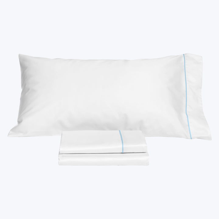 Luce Sheets & Pillowcases, White/Cerulean Blue Flat / Twin