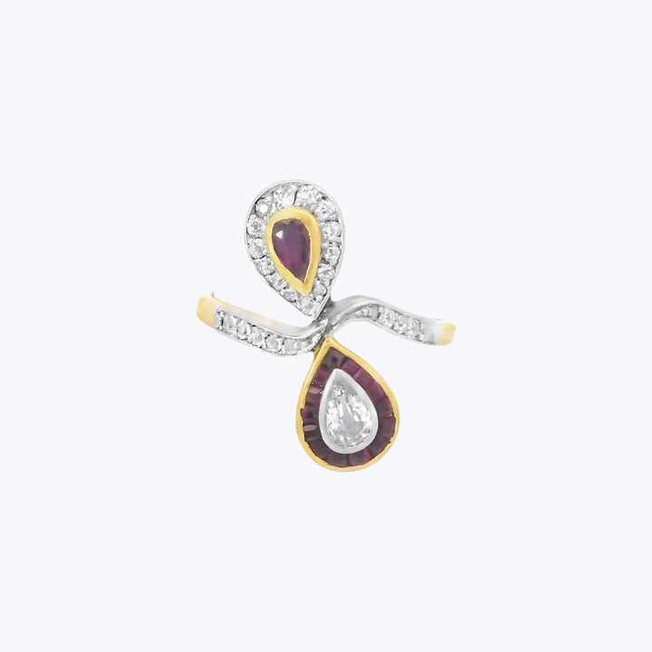18KYG Platinum Diamond, Ruby Bypass Ring, R: 0.5 ct. D: 0.5 ct.