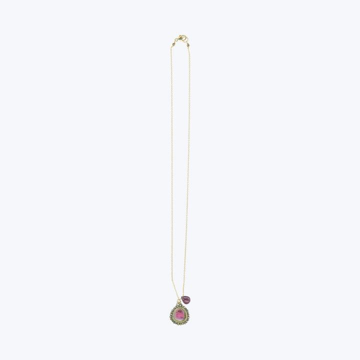 Caged  Orbit Drop Necklace - Watermelon Tourmaline, Pyrite, Pink Tourmaline