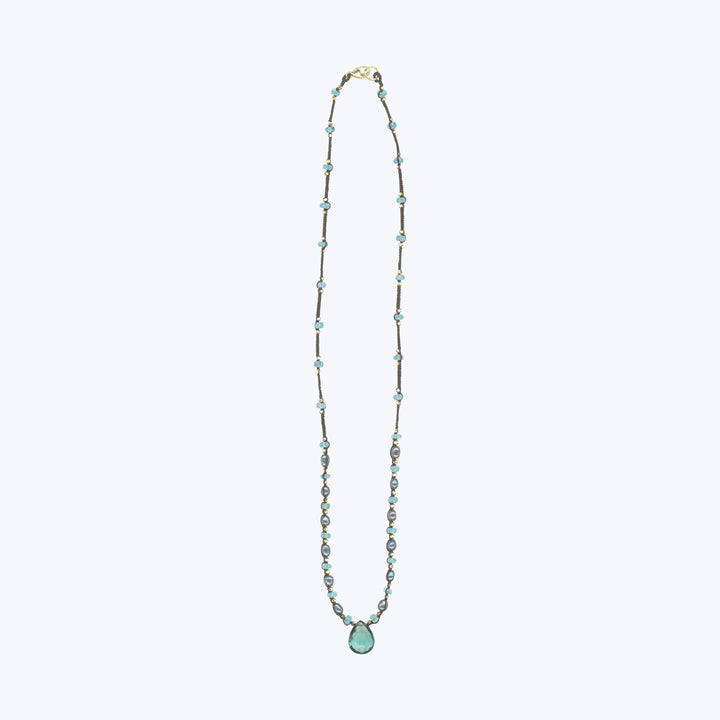 Apatite, Gold Pyrite, Peacock Pearl and Aqua Quartz Drop Necklace