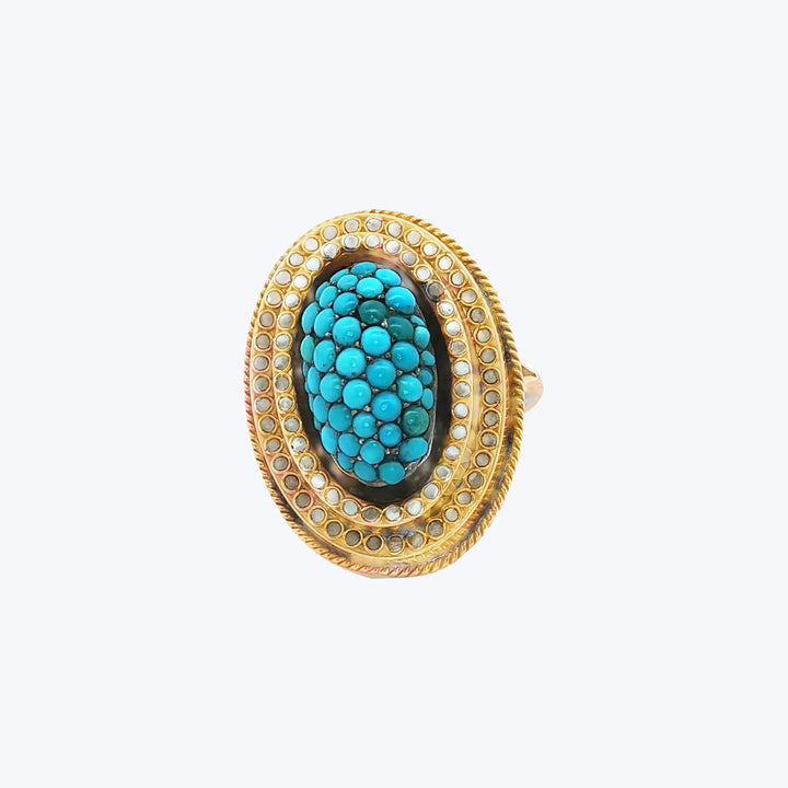 Victorian Turquoise and Enamel Cluster Ring in 14k Gold