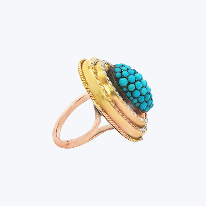 Victorian Turquoise and Enamel Cluster Ring in 14k Gold