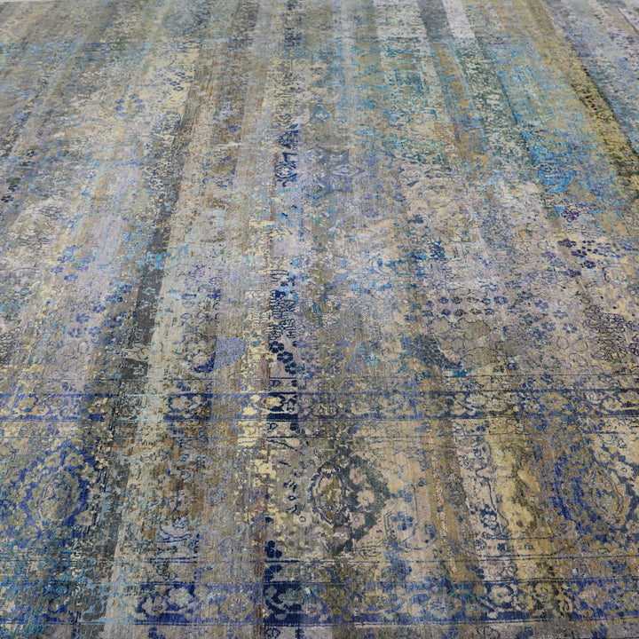 Blue & Gold Alchemy Traditional Wool Silk Blend Rug - 10'2" x 14'1"