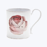 Elegant white mug with floral design and pink rose motif.