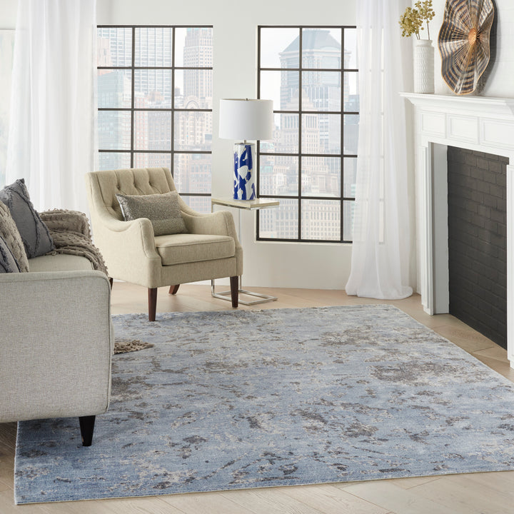 Modern living room with stunning cityscape view and elegant decor