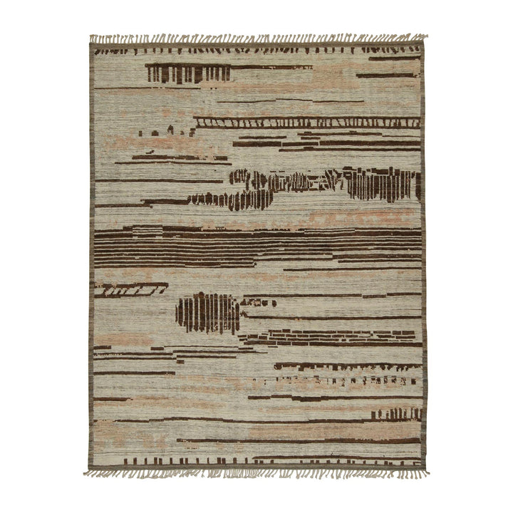 Modern rectangular rug with abstract barcode-like design in earth tones.